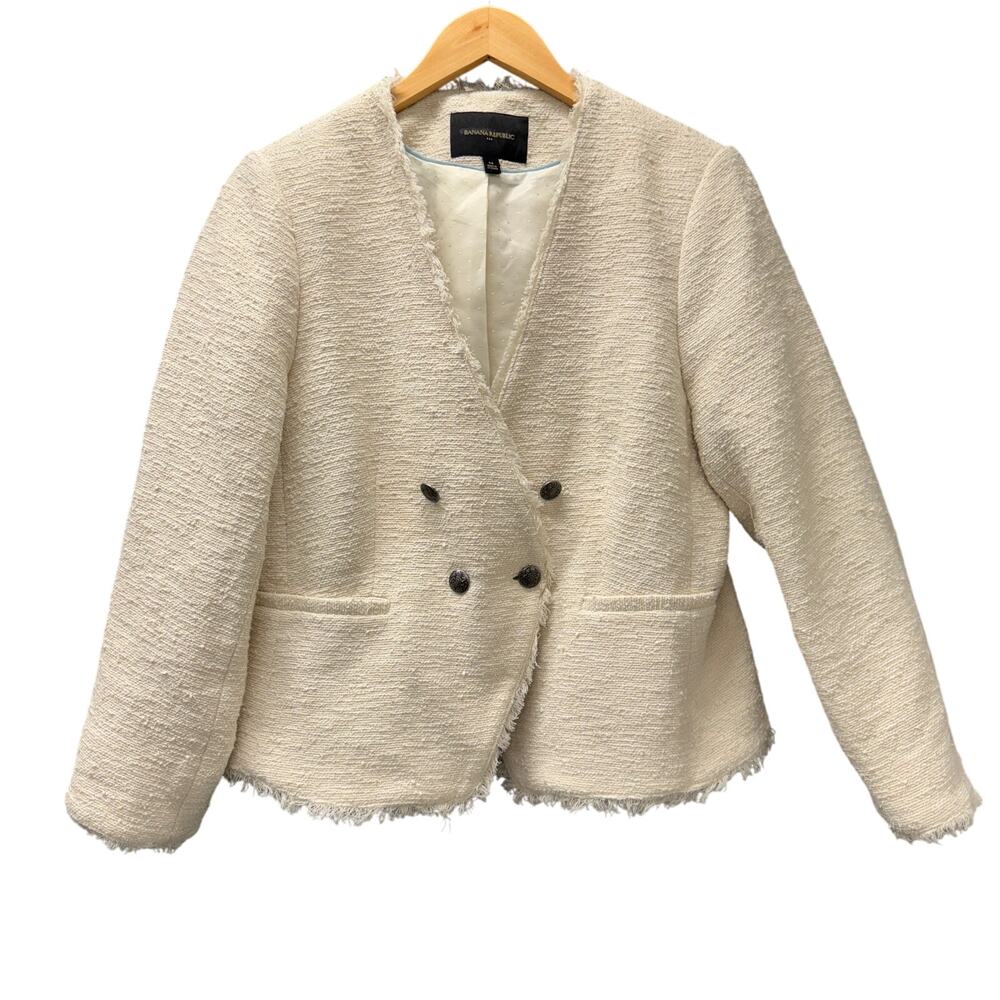 Banana Republic Blazer Womens 14 Cream Textured Coastal Fringe Hem Lined Jacket
